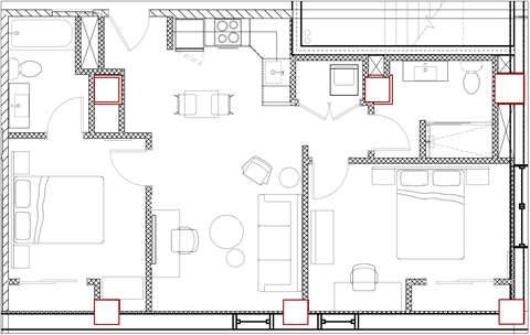Floor plan for 2 beds, 2 baths, 775 sqft